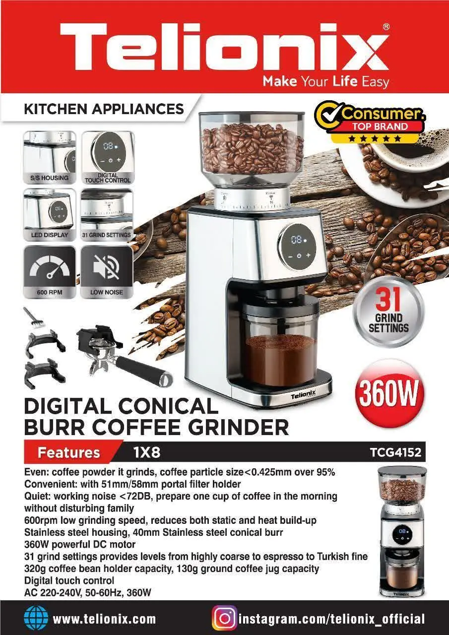 آسیاب قهوه تلونیکس مدل TC۴۱۵۲ توان مصرفی ۳۶۰وات جنس بدنه استیل ضد زنگ رنگ بدنه نقره‌ای از دیگر خصوصیات این دستگاه مخزن ۲۵۰ گرمی و جنس بدنه، صفحه برد و دکمه‌های استیل، نمایشگر LED، لرزشگیر قو