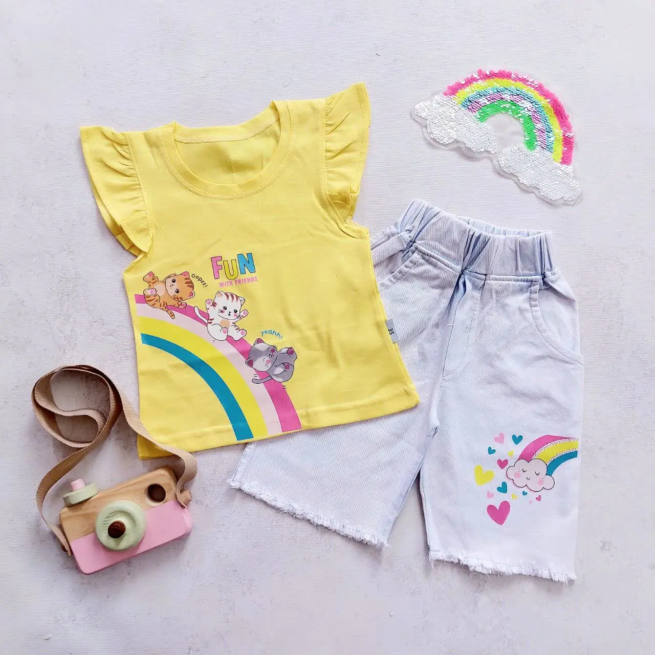 تاپ شلوارک کتان گربه و رنگین کمان
