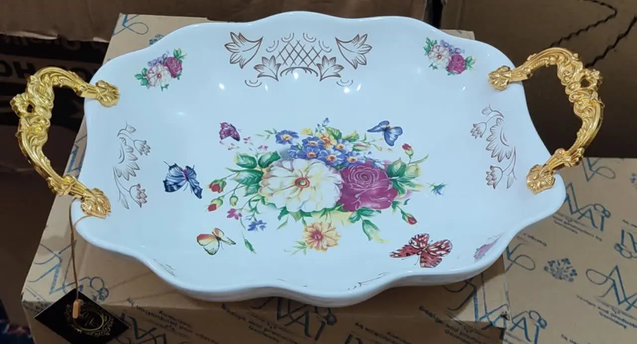 دیس بزرگ گلدار دسته طلایی

