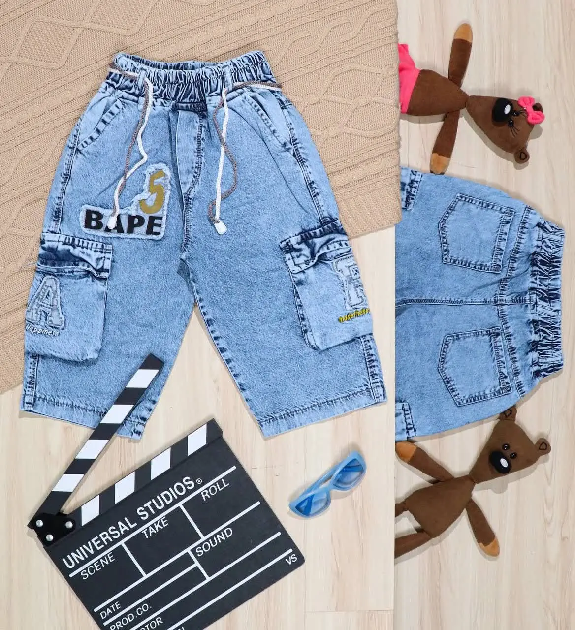 👫شلوارک جین آبی روشن چاپ BAPE👫

