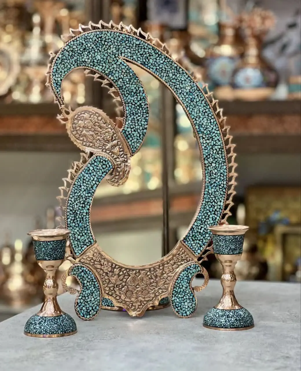 آینه و شمعدان مس فیروزه کوب 🪞🪞
