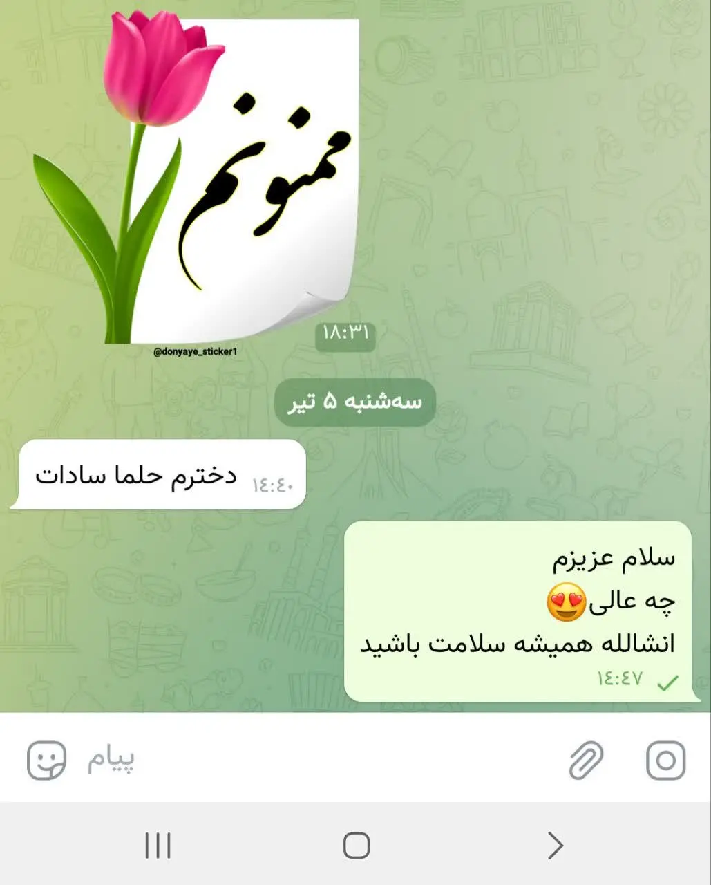 حالا همه‌ی اون عزیزانی که سید هستن و پیام دادن، زحمت بکشید پیوی بنده نفری ۵۰ تومن واریز کنید به عنوان عیدی😁😂😂
