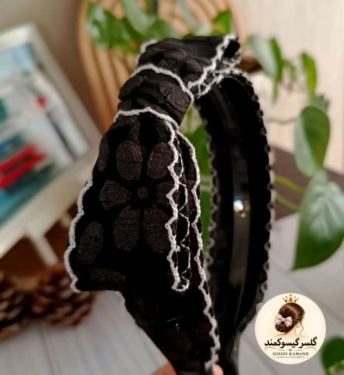 تل گل برجسته پاپیون دار مشکی😍