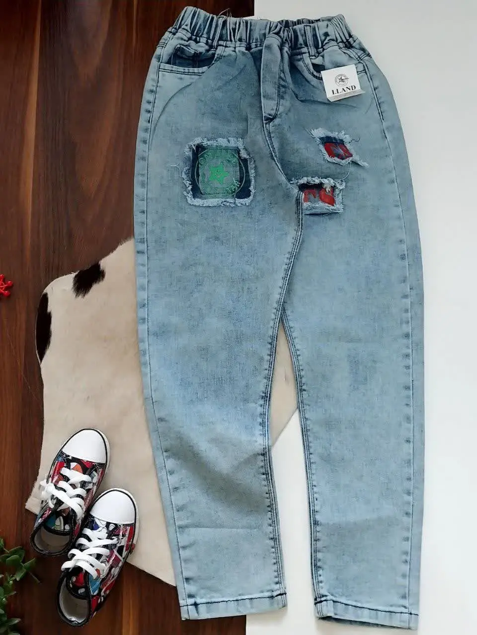 شلوار لی ابی سنگشور تیکه دوزی کمر کشی پارچه کشی 
