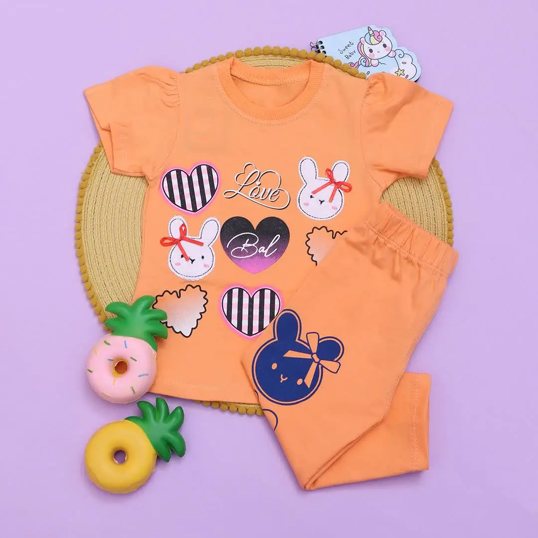 ست تیشرت شلوار نخ پنبه‌ای آستین فانتزی دخترانه 💗
