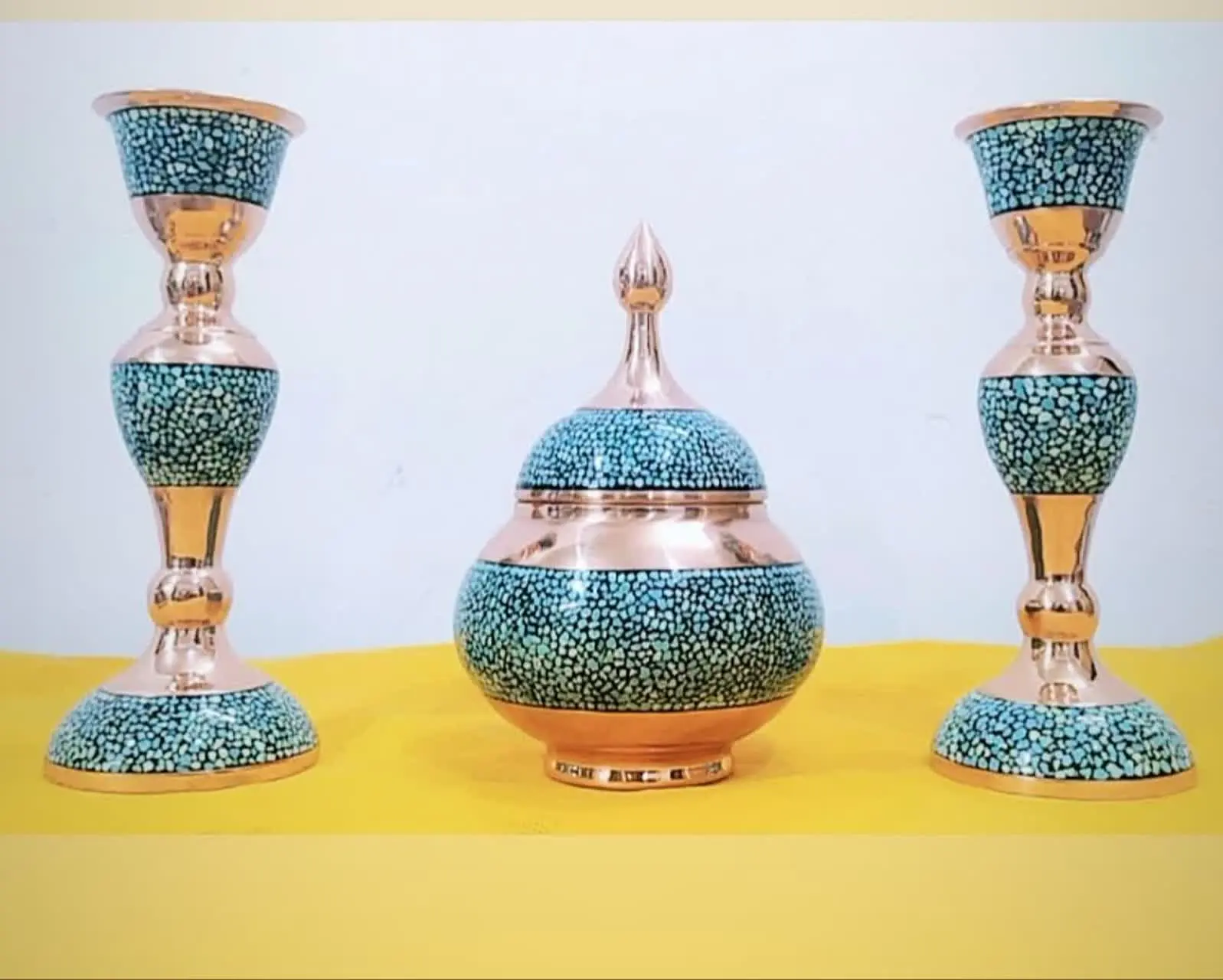 ست شعمدان و قندان مس فیروزه 🌹
