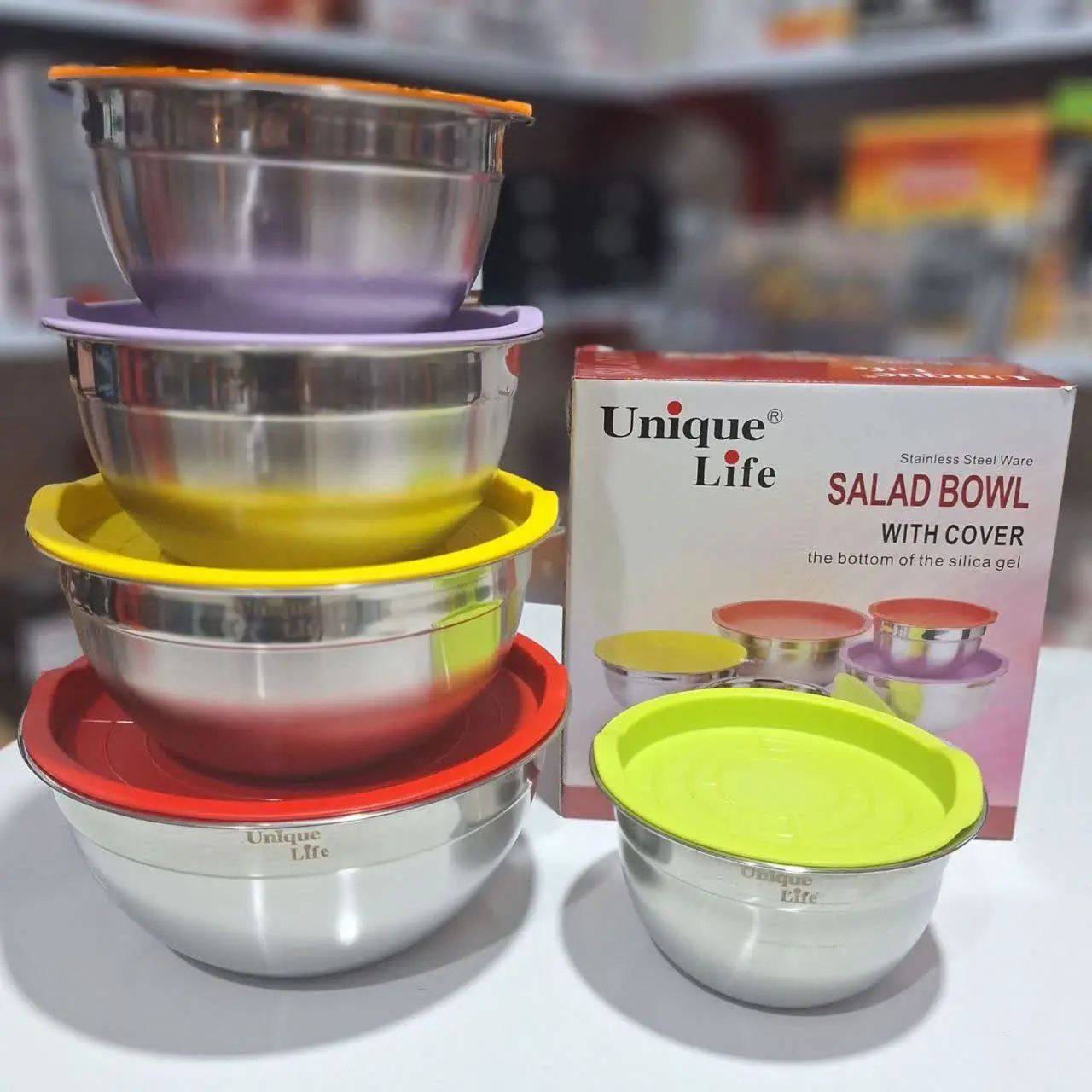 لگن استیل درب دار ۵ تیکه یونیک لایف unique life (ساده و رنگی) 
