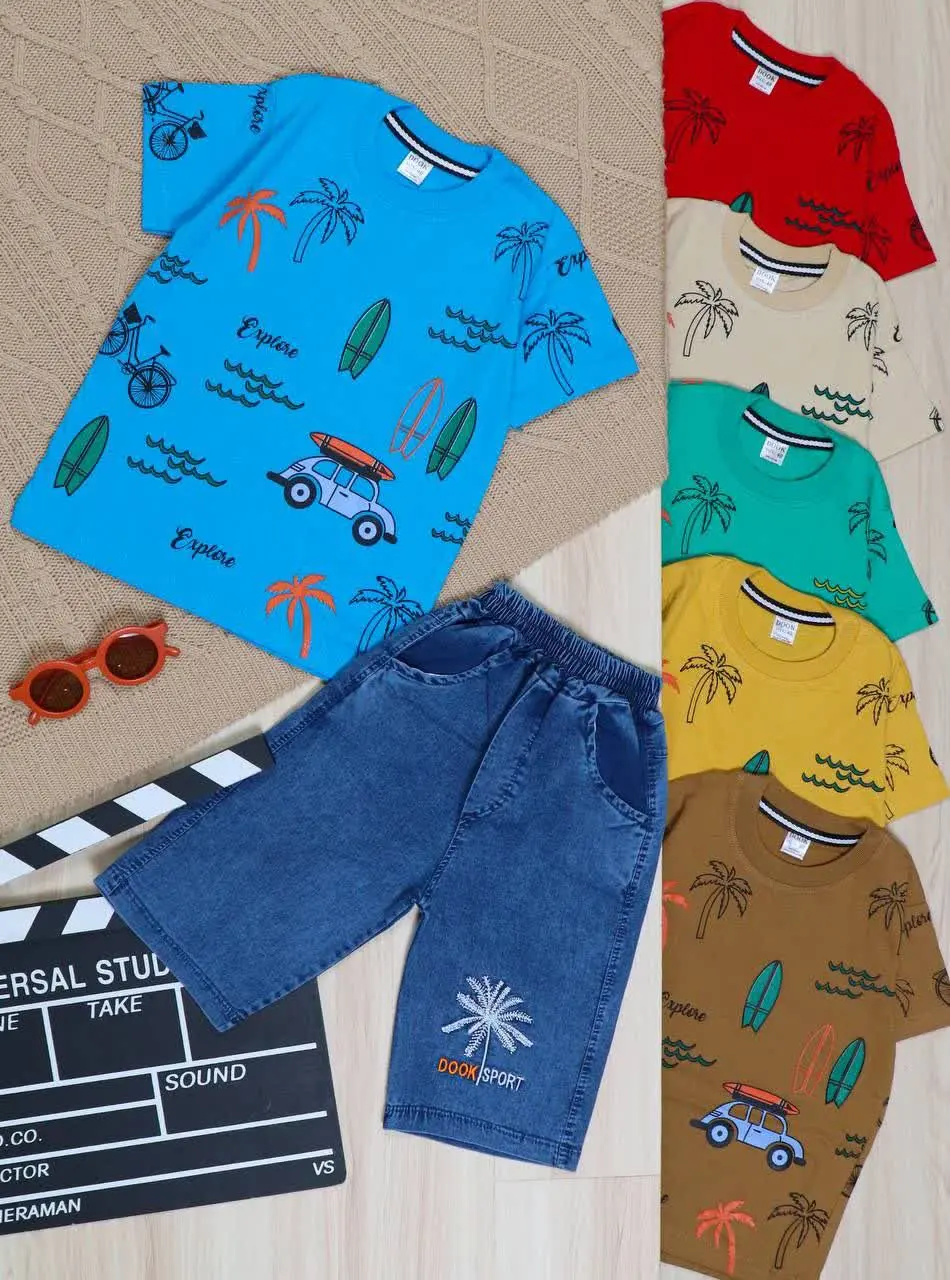 👫تیشرت و شلوارک جین چاپ نخل و ماشین 👫
