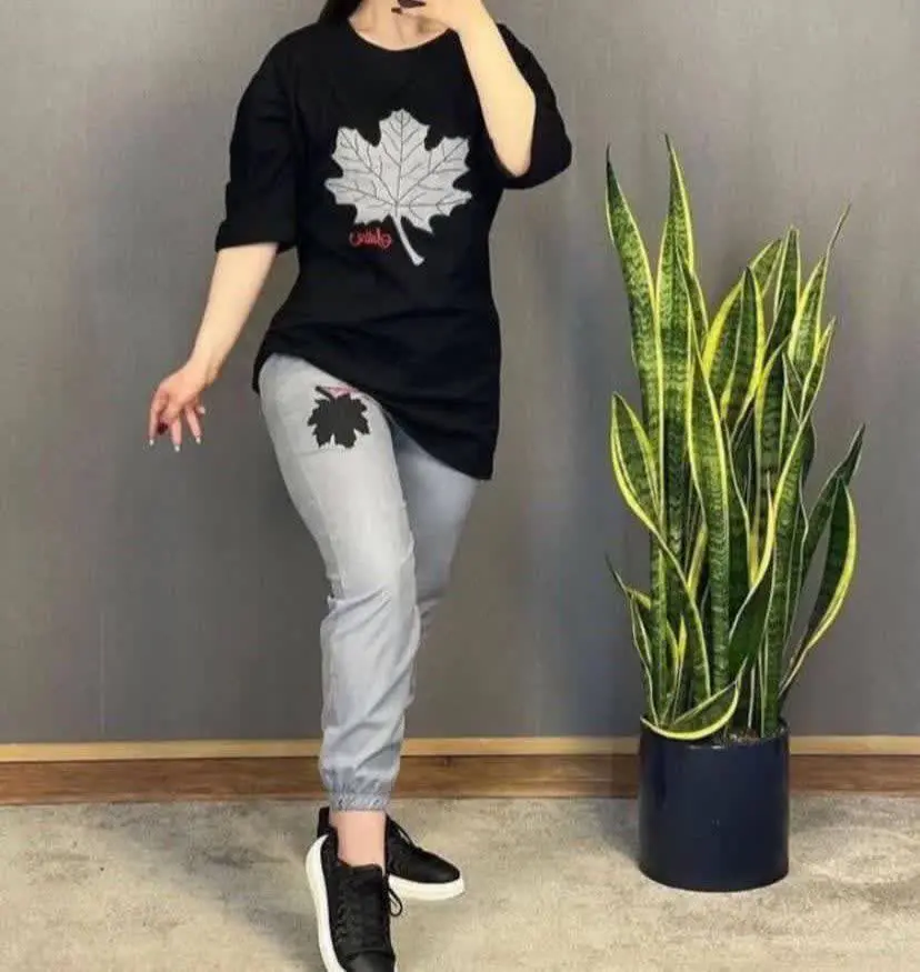 🌸ست تیشرت شلوار برگ بدون جیب❌
