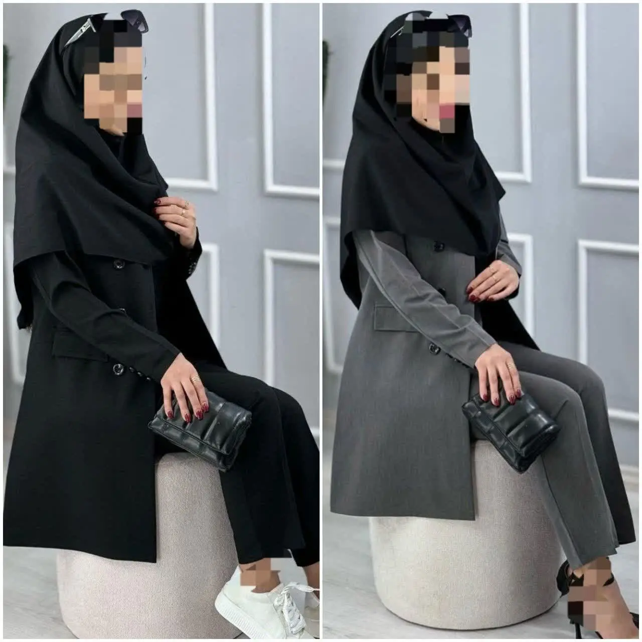 🗒️توضیحات: دکمه هاکاربردی هستن، پشت مانتو کمری و چاک داره. جیبها نما. پارچه به هیچ عنوان پرز نمیده و سالها مثل روز اولش میمونه. 
