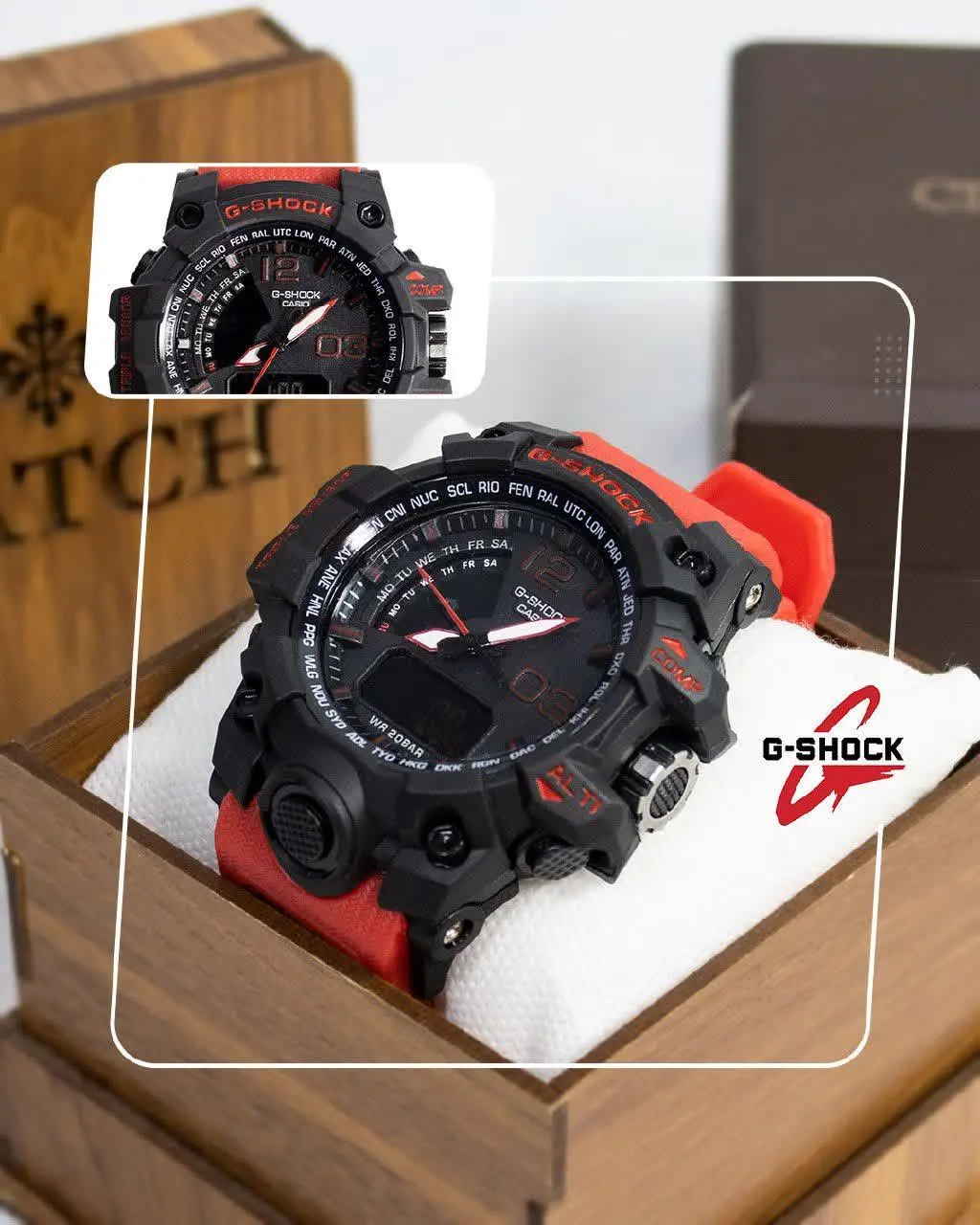 🔸 ساعت مچی مردانه مشکی با بند قرمز G-SHOCK دو موتور مدل ۱۶۲۹
