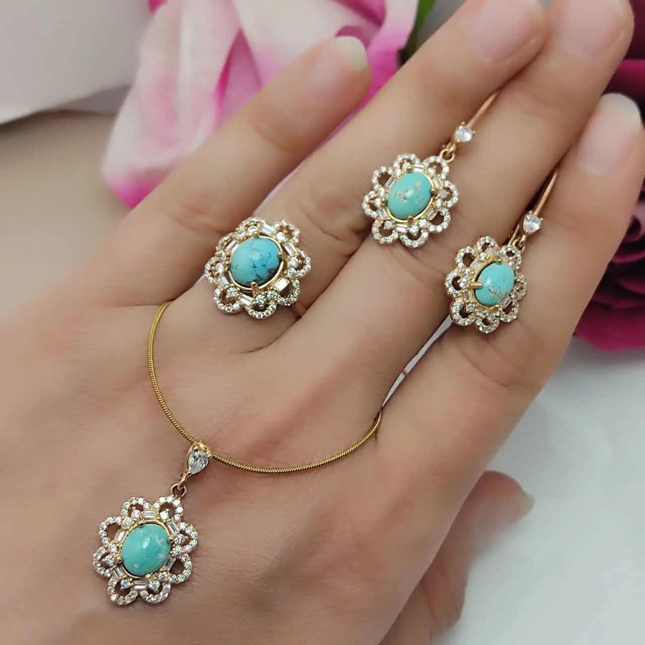نیم ست فیروزه اصل طرح گل 🌸