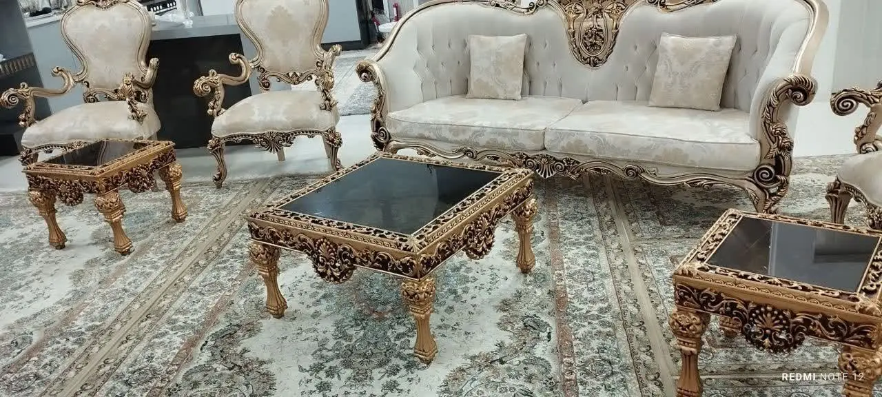 مبل استیل سلطنتی ۷نفره مدل کلاسیک کار سفارشی کلاف‌ها تمام چوب راش تشکا دوبل دو رو زیب دار قابل شستشو
