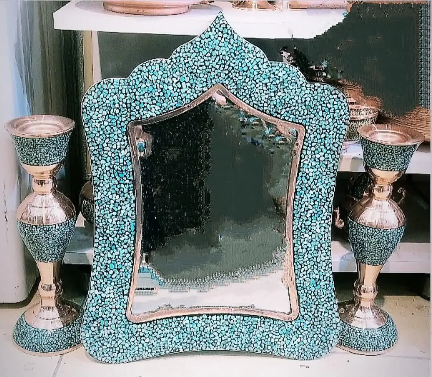 ست آینه و شمعدان مس فیروزه کوب 🪞🪞
