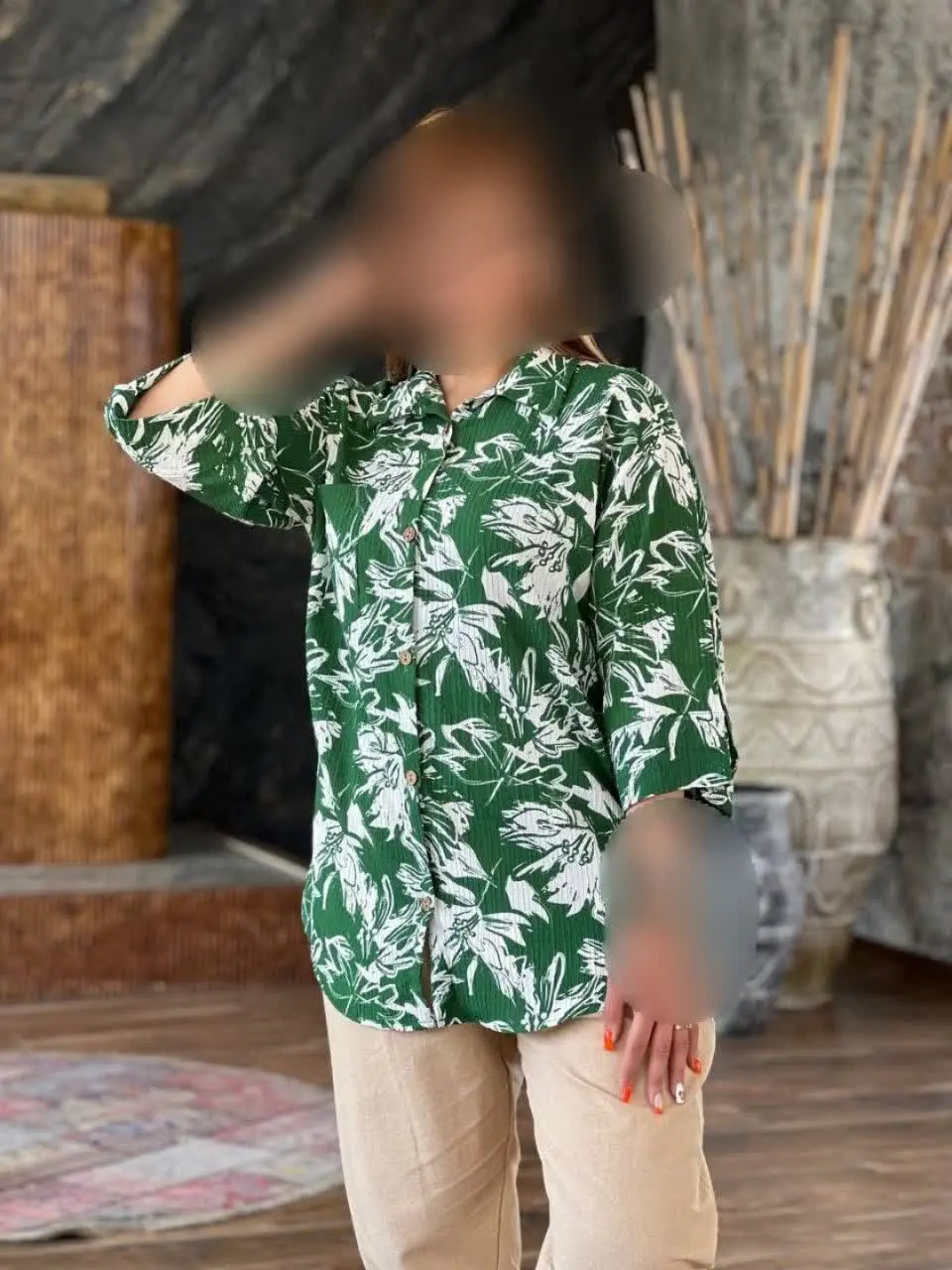 🛍️نام: شومیز مانتویی آستین سه ربع مدل برگی🌱🌸
