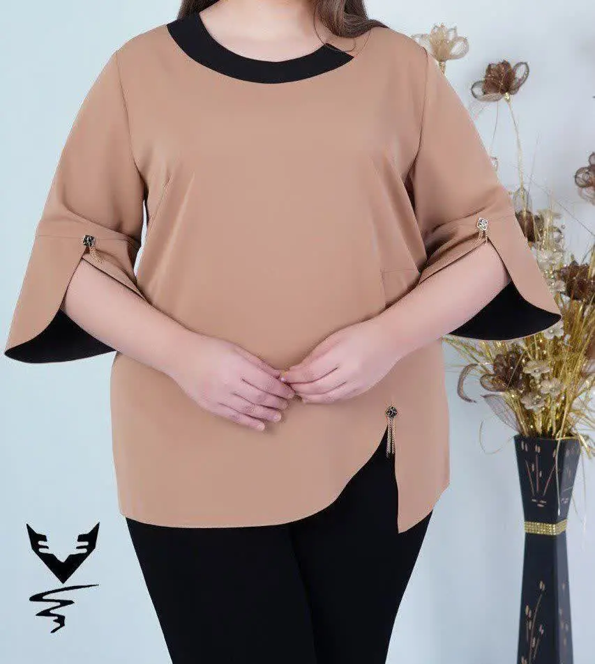 👚شومیز یقه گرد و آستین لاله سایز بزرگ زونیکس👚
