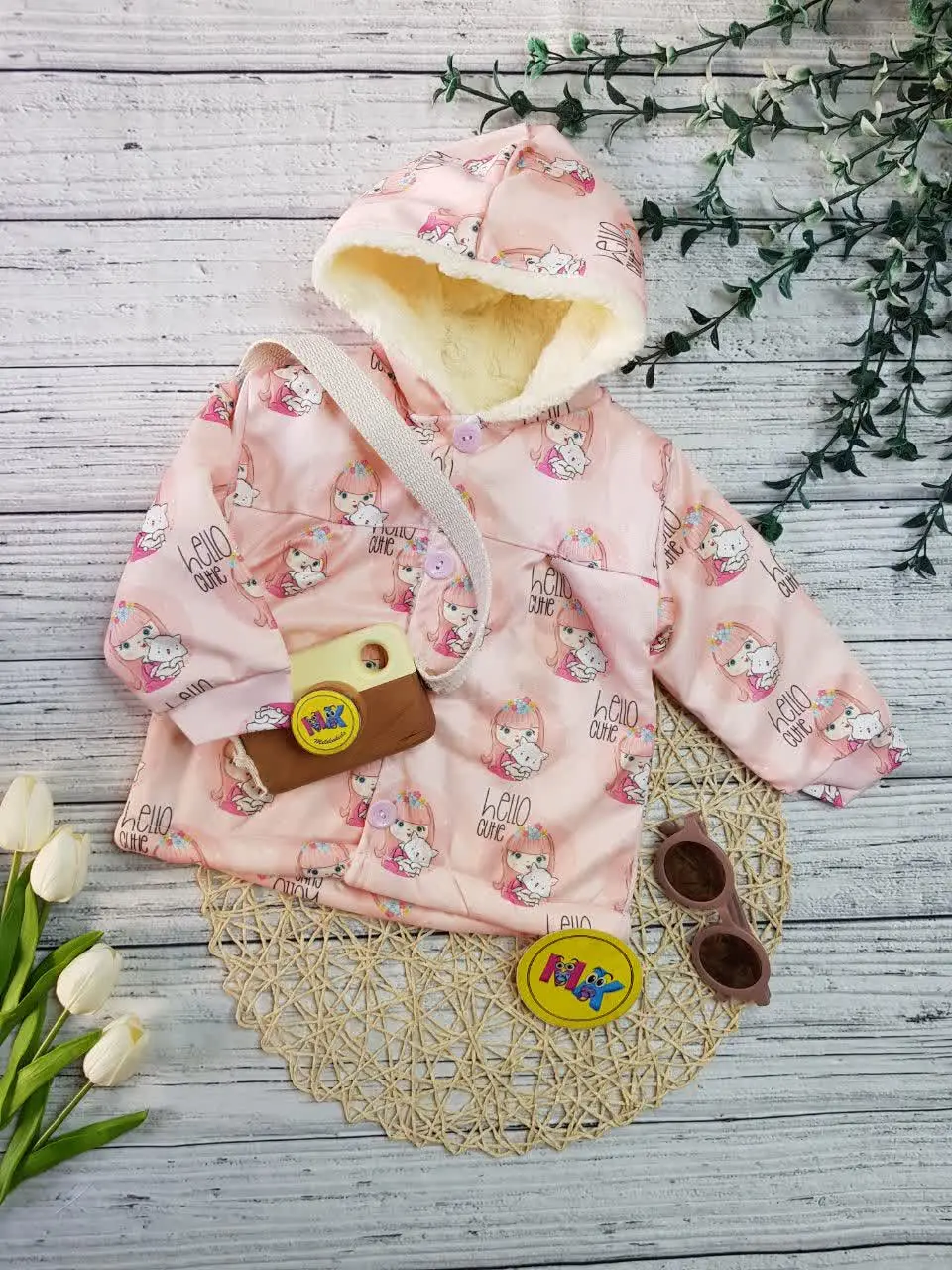کاپشن طرح گربه و دخترک خزدار نوزادی و کودک کد ۱۱۰۱۰۲۱ 
