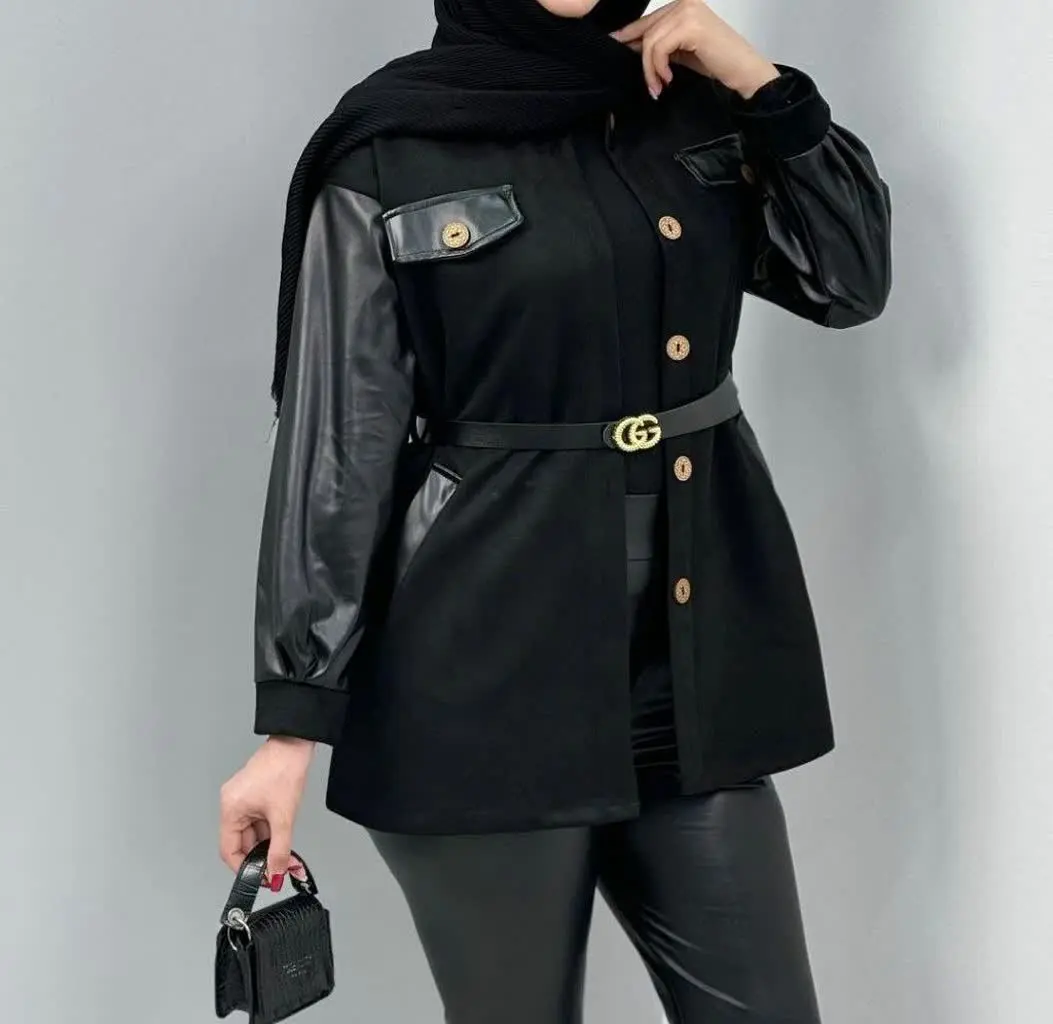 🛍نام: مانتوسوییت آستین چرم+کمربند 🍂
