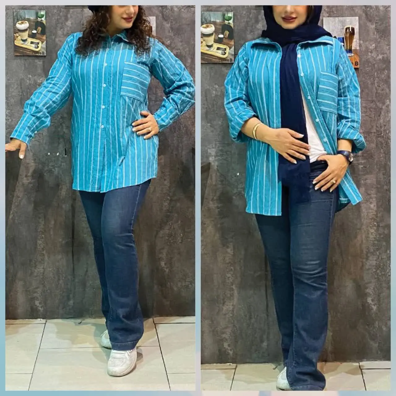 تونیک کاربردی آبی روشن دکمه دار یقه مردونه آستین دکمه خور 
