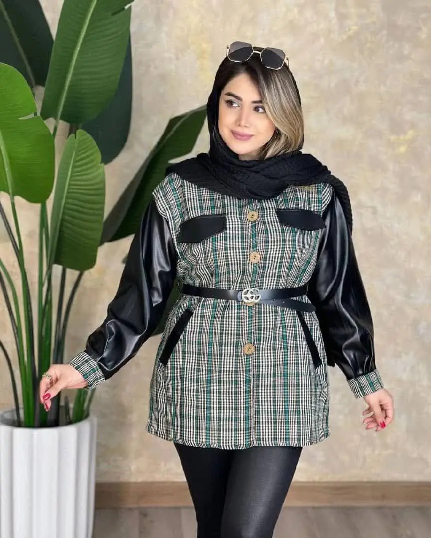 💣💣🧨مانتو پشمی ترک چهار خونه آستین چرم فوق العاده عالی ساماندا
