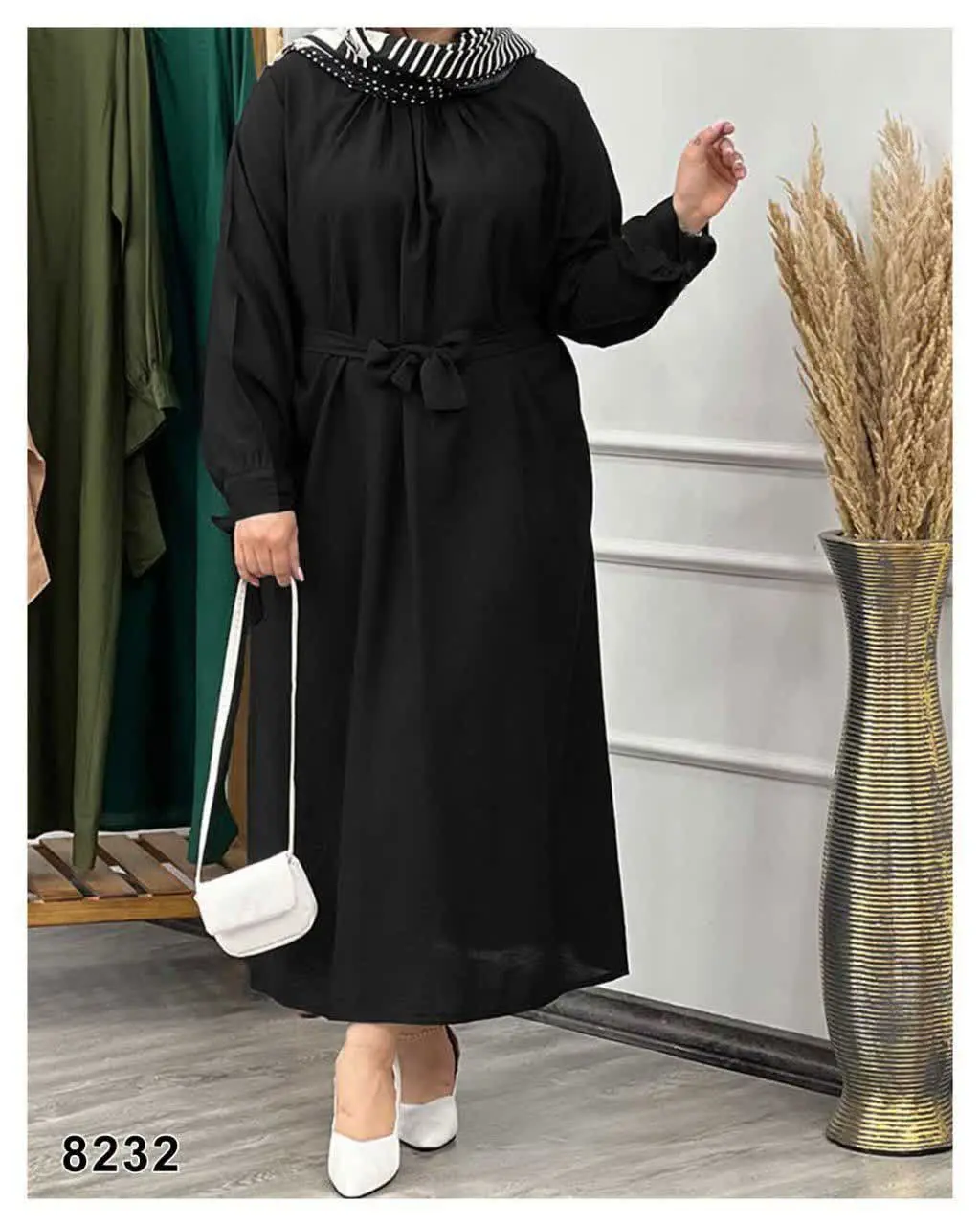 مانتو پیراهنی یقه گرد کمربنددار