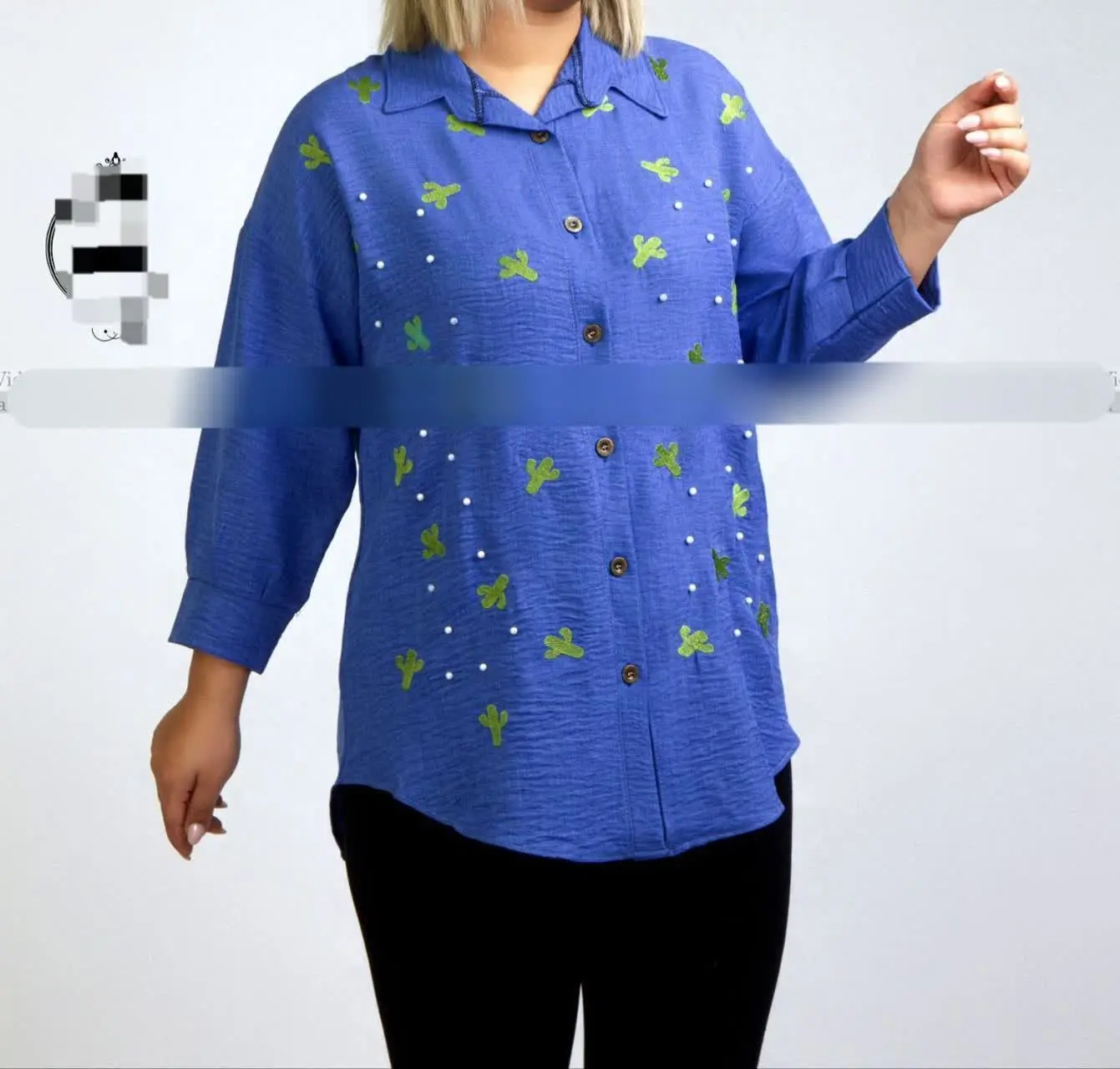 👚نام: شومیز مانتویی گلدوزی و مروارید دوزی کاکتوس