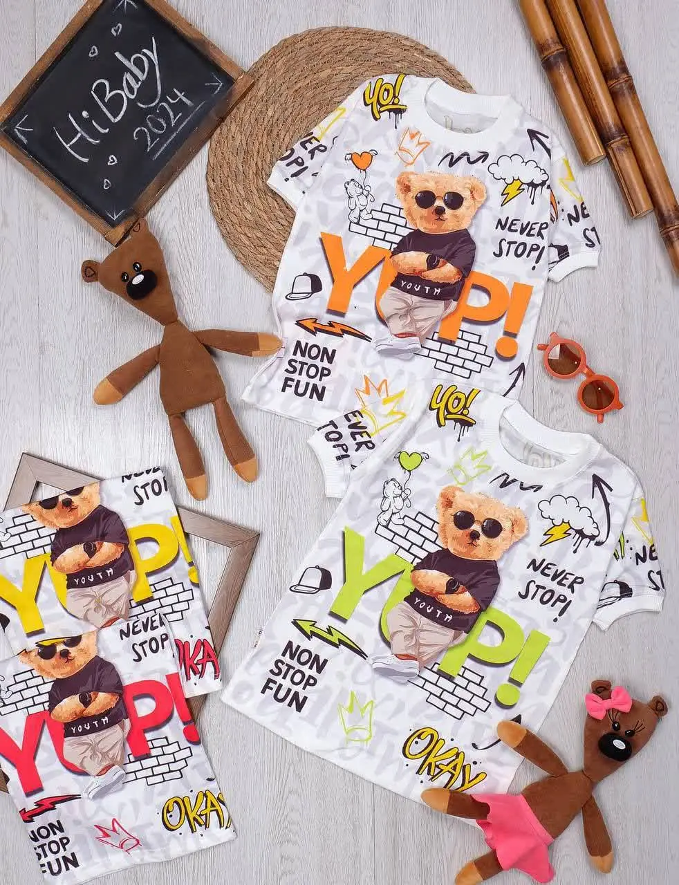 👫تیشرت تک سفید چاپ خرس YOP👫
