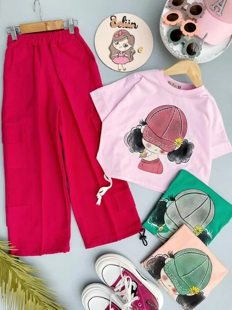 ست کراپ و شلوار کارگو دختر کلاهدار🧢🌼