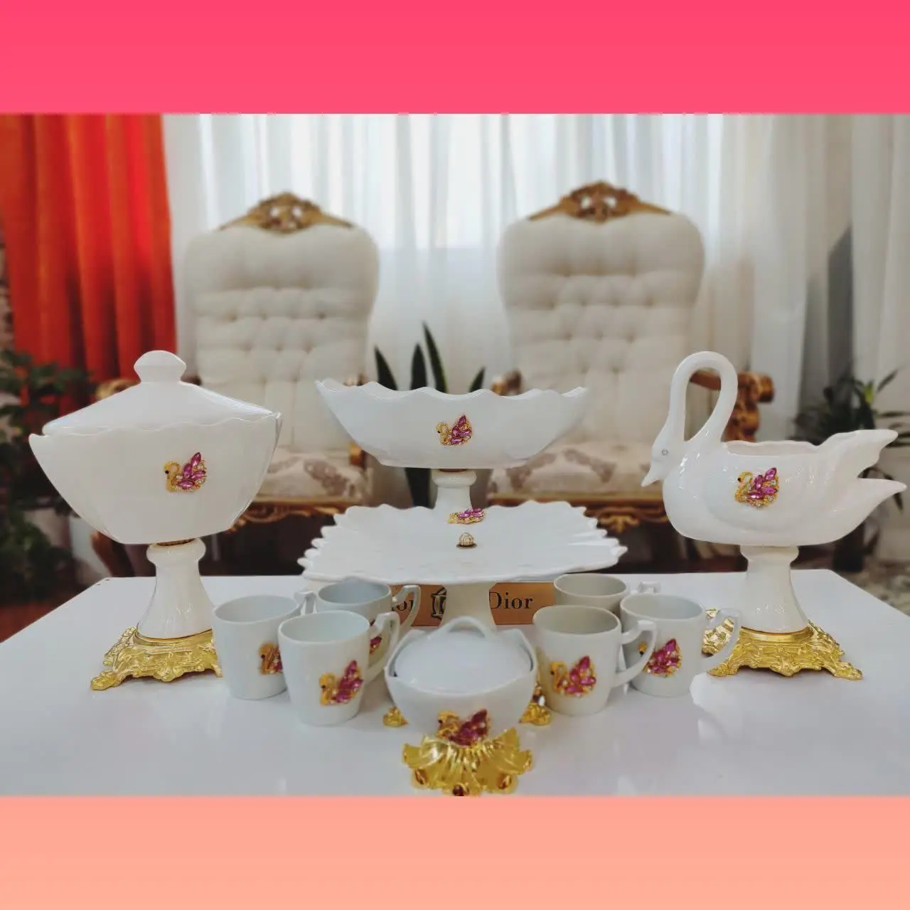 ❤️سرویس چهارتیکه پذیرایی گل پهن برنزی طرح قو❤️😍