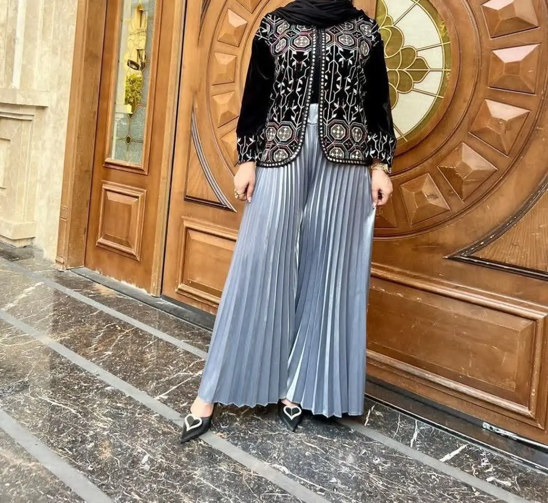 👖شلوار بگ پلیسه ساتن دامنی