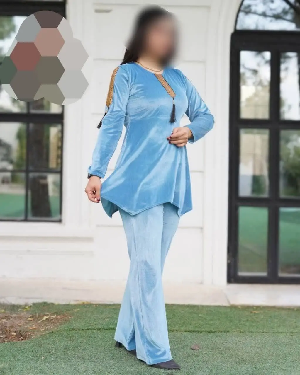 🖋نام: ست تونیک شلوار مخمل خرجکار طلایی منگوله