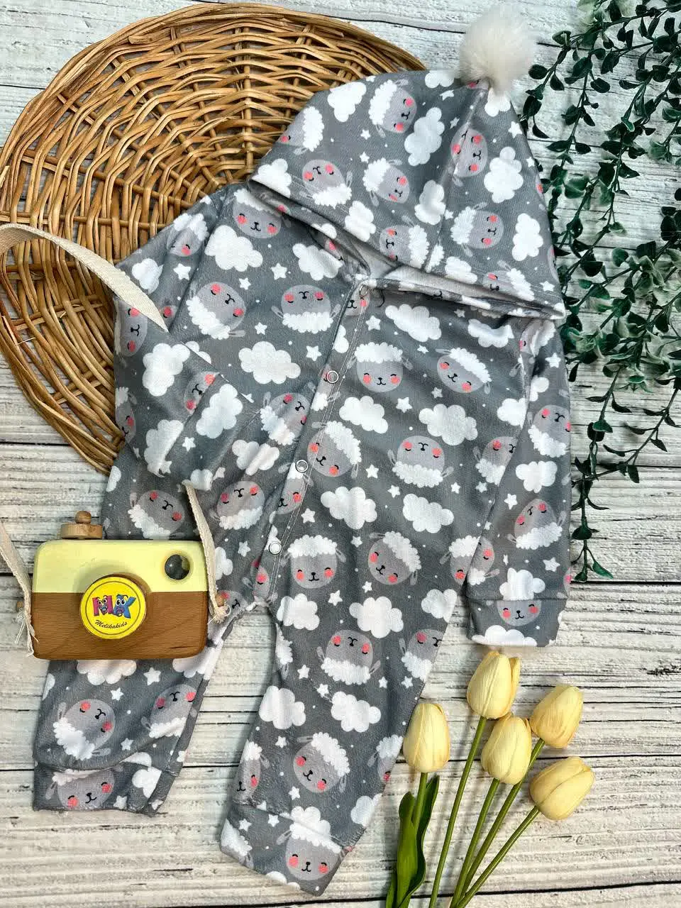 سرهمی مخمل طرح ببعی طوسی نوزادی و کودک کد ۱۱۲۰۷۹