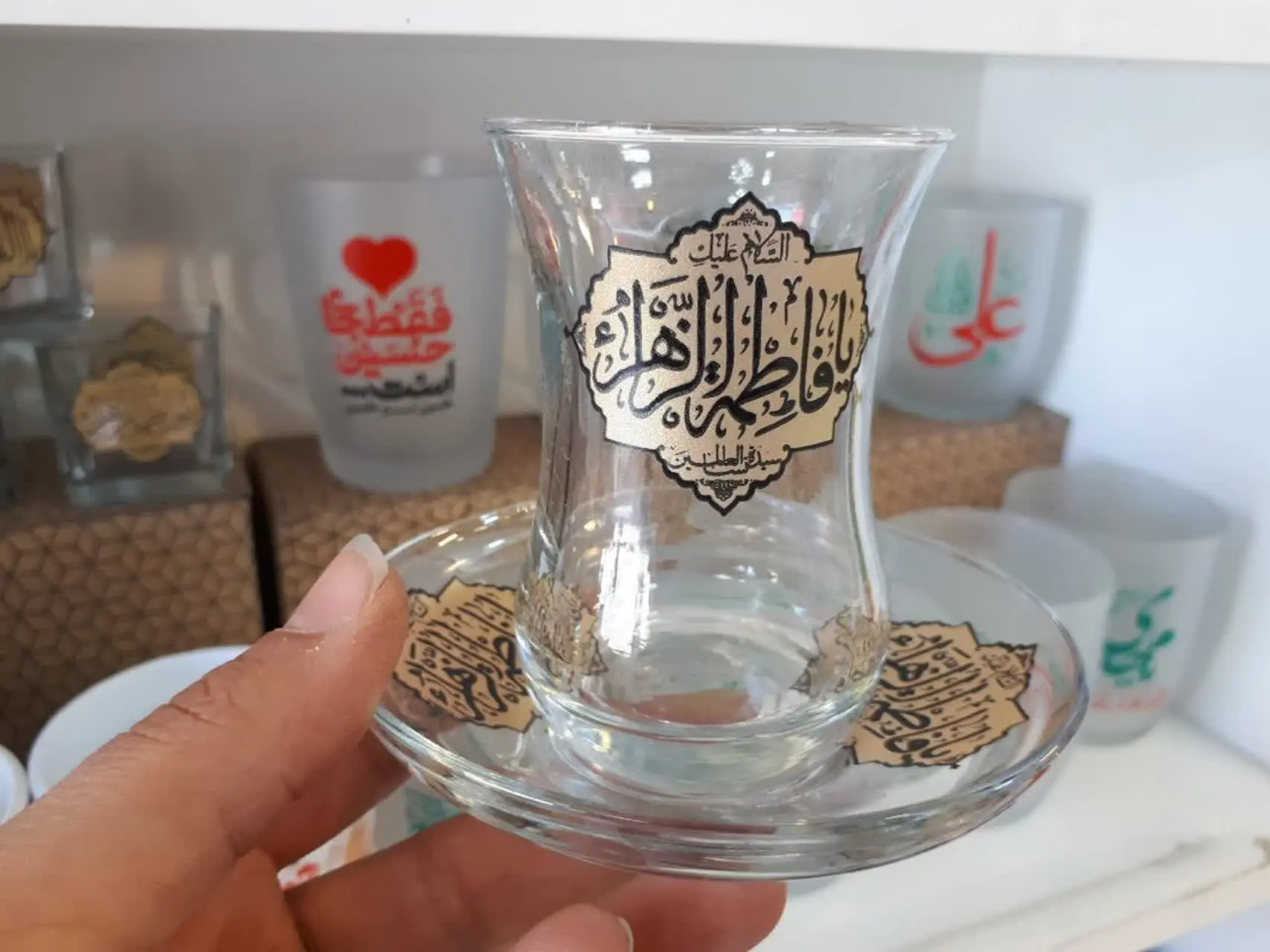 ☕️استکان بلوری کمرباریک و نعلبکی بلوری، با ذکرهای مذهبی