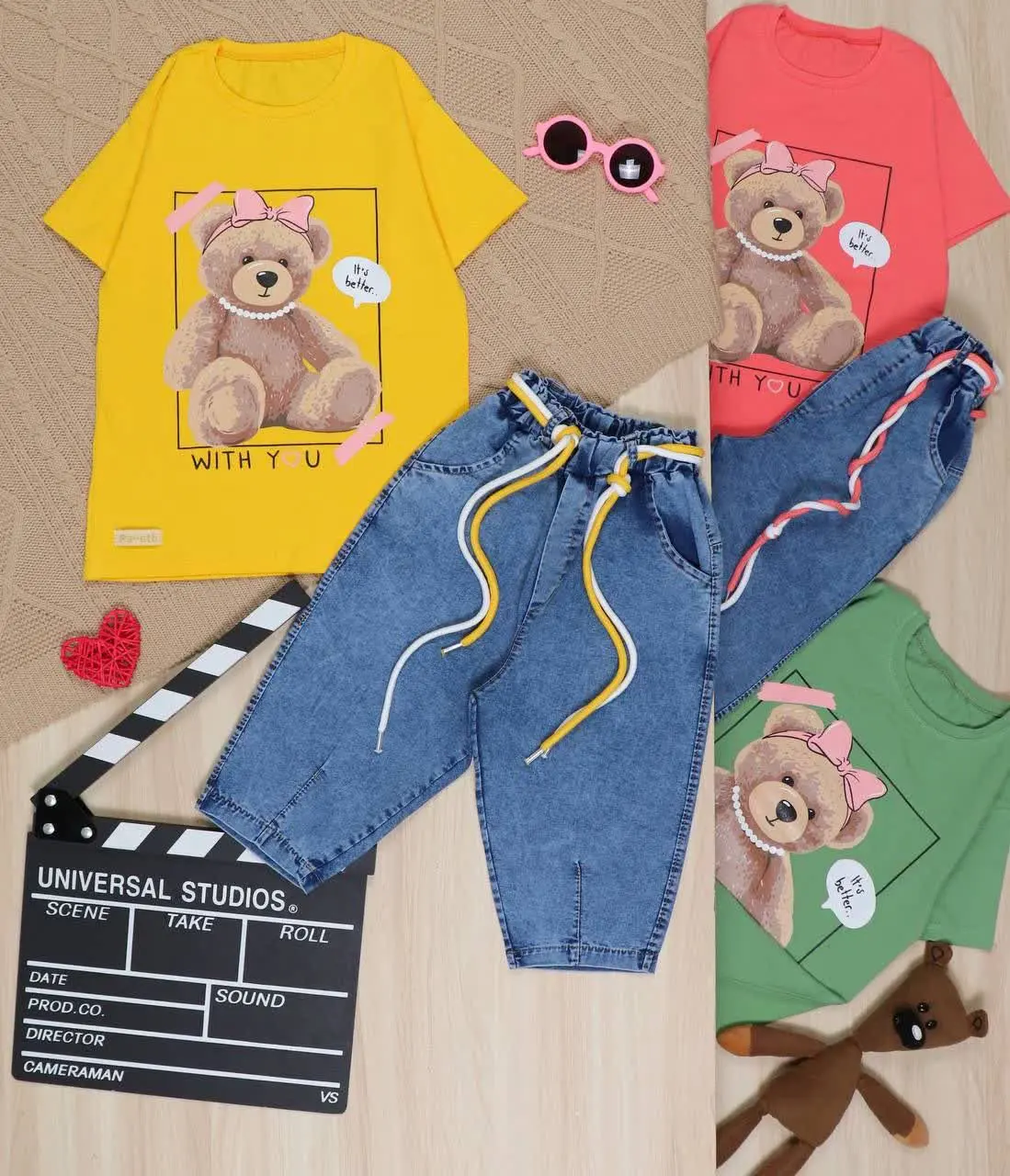 👫تیشرت و شلوارک دخترانه تدی گردنبندی👫