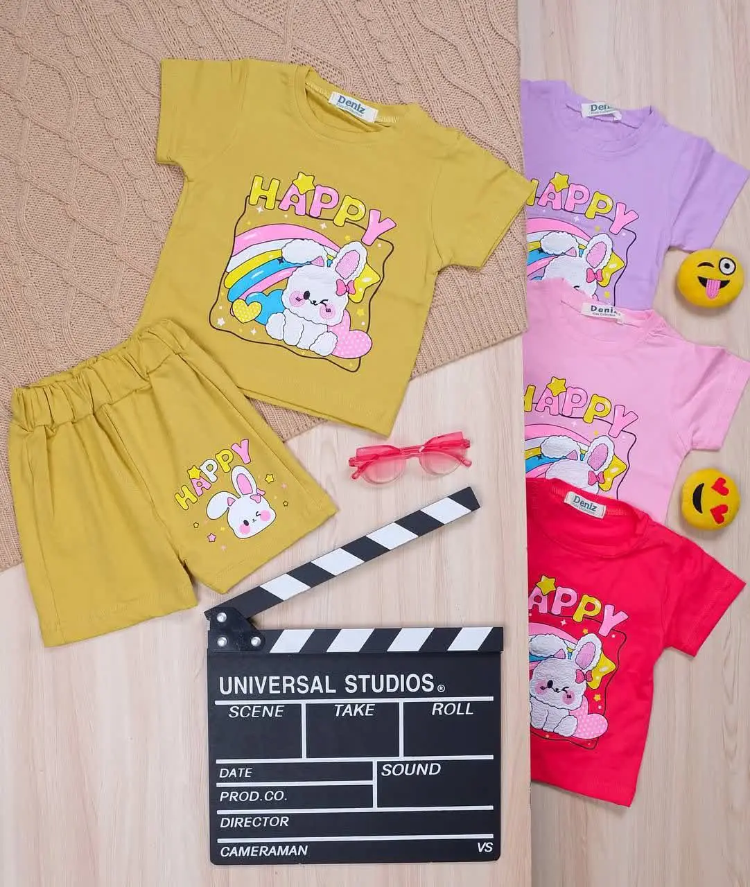 👫تیشرت و شلوارک گلدوزی خرگوش رنگین کمان👫