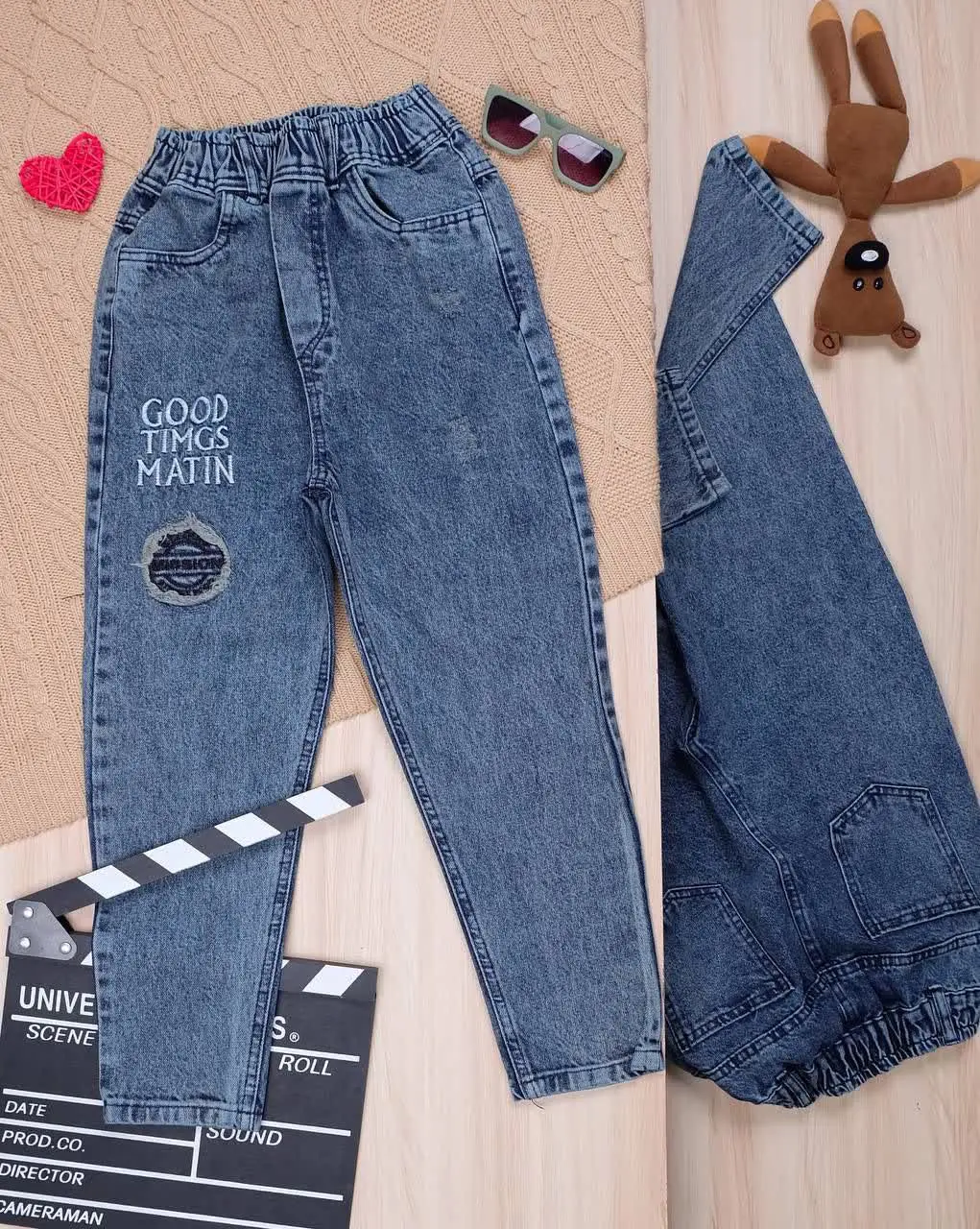👫شلوار جین آبی گازوئیلی گلدوزی GOOD TIME 👫